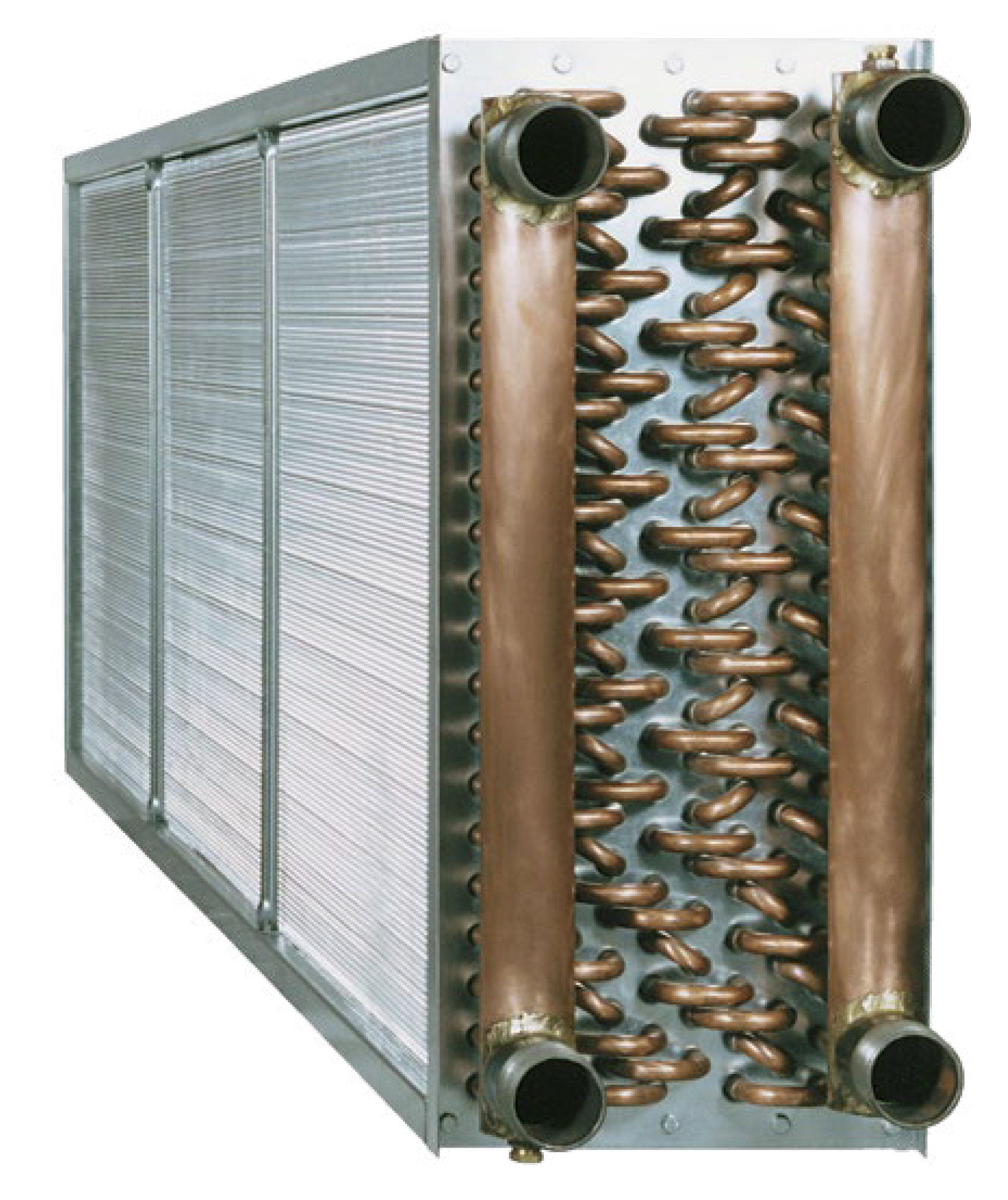 Heatcraft fluid coil showing finned heat-transfer surface and copper connections